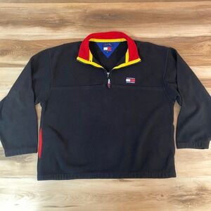 Vintage Tommy Hilfiger Mens Black Fleece 1/4 Zip Pullover Sweatshirt XL Y2K